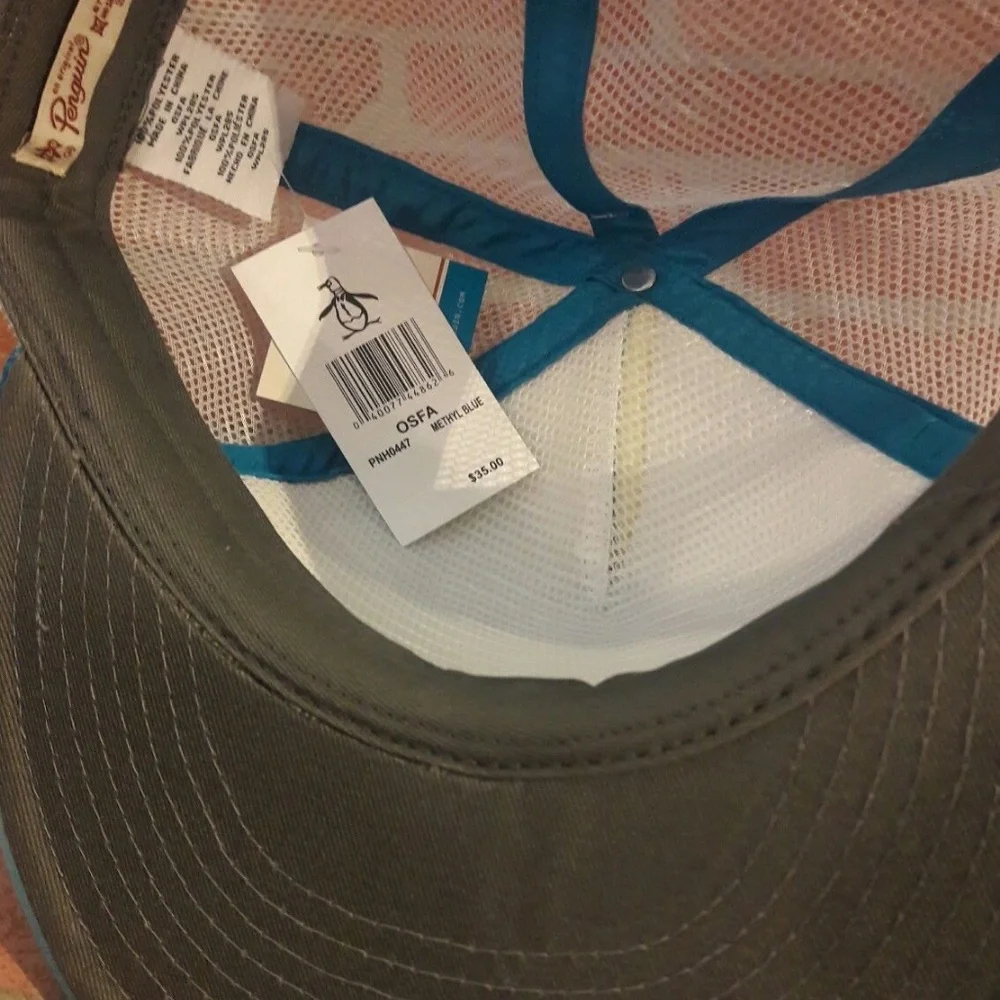 Penguin Palm trees Poolside Graphic Baseball Cap Mesh Trucker Blue Hat Resort - Picture 8 of 12